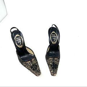 rene caovilla black beige embroidered heels size 36.5